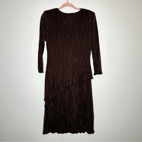Connected Apparel Chocolate Brown 3/4 Sleeve Micro Pleat Midi Dress Size 12 Tier - Picture 2 of 10